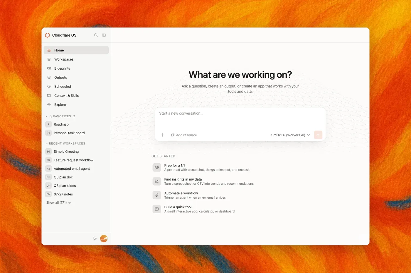 Cloudflare OS の作業空間の画面。ブラウザー上の会話から、会社のコンテキストとスキルを使って調査や文書作成が進む様子